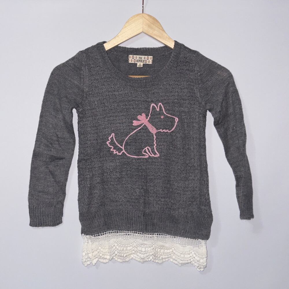 Pink Republic Girls Sweater Dog Graphic Lace Hem Gray Size M (5/6)